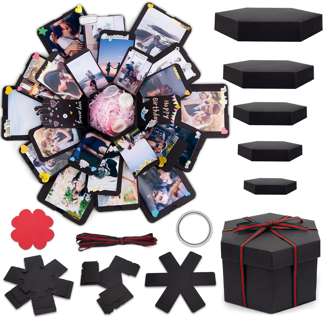 Explosion Gift Box, Handmade Exploding Photo Album Preassembled Surprise Picture Pop Up Love Box with Creative DIY Scrapbooking Accessories for Anniversary Birthday Wedding